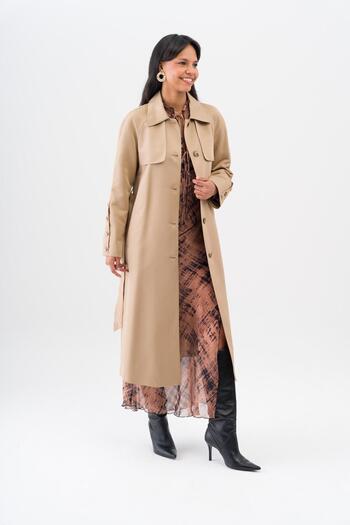 Olcay Shirt Collar Cloak Detailed Reglan Sleeve Water Repellent Featured Lined Intermediate Length Trench Coat KAMEL 6530