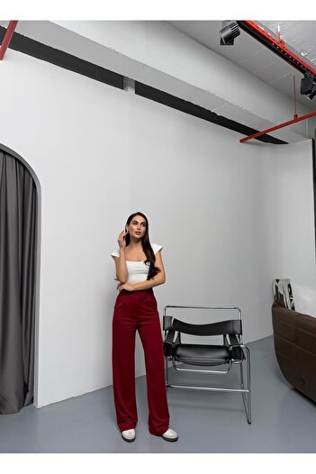 COMBİNE MİCHAİL Bordo Line Likralı Cırt Kapama Palazzo Kadın Pantolon
