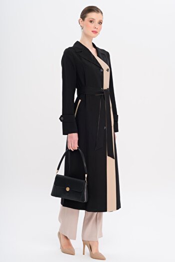 Olcay Garni Detailed Double Breasted Unlined Modal Trench Coat Black 6734