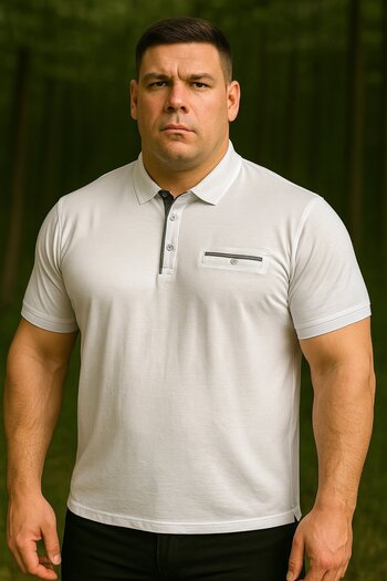 Maccali Men's Plus Size Basic White Polo Neck T-Shirt with Pockets