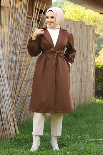 MY QILAM Number 10 Fashion Women's Waist-Tied Brown Balloon Sleeve Trench Standard Size (between 38/44)