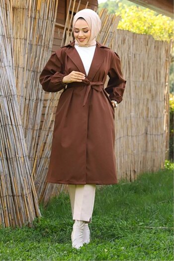 MY QILAM Number 10 Fashion Women's Waist-Tied Brown Balloon Sleeve Trench Standard Size (between 38/44)