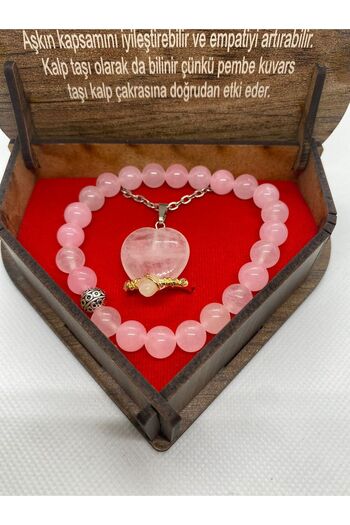 Efulim Hediyelik Natural Stone Pink Quartz 3-Piece Jewelry Set Necklace Bracelet Ring (Wooden Box)