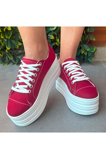 Stilo Kırmızı Keten 7cm Dolgu topuk Düz Platform Kadın Spor Ayakkabı