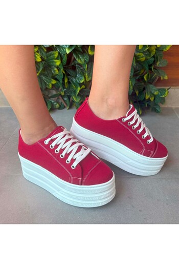 Stilo Red Linen 7cm Wedge Heel Flat Platform Women's Sports Shoes