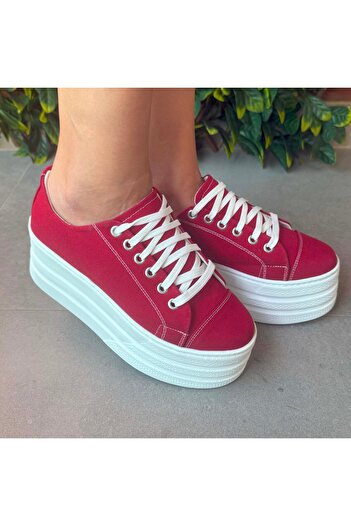 Stilo Red Linen 7cm Wedge Heel Flat Platform Women's Sports Shoes