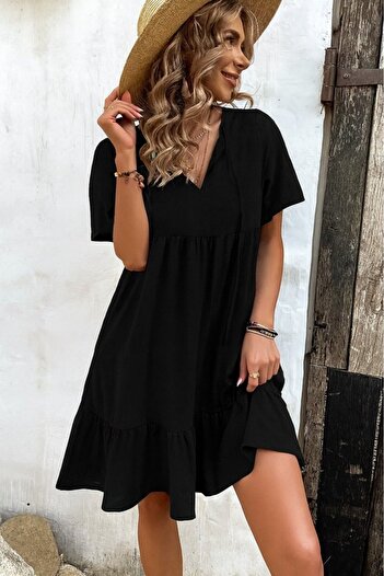 buğrahayalin Women's Short Sleeve Collar Lace-Up Front Button Ruffle Print Single Jersey Dress