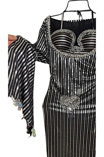 Generic Egyptian Belly Dance Abaya with Sequins - One Size (Black-Silver)