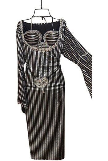 Generic Egyptian Belly Dance Abaya with Sequins - One Size (Black-Silver)