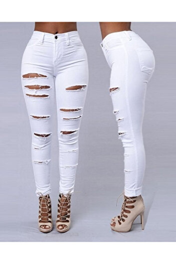 REKA MODA Women's High Waist Laser Ripped Print Jeans