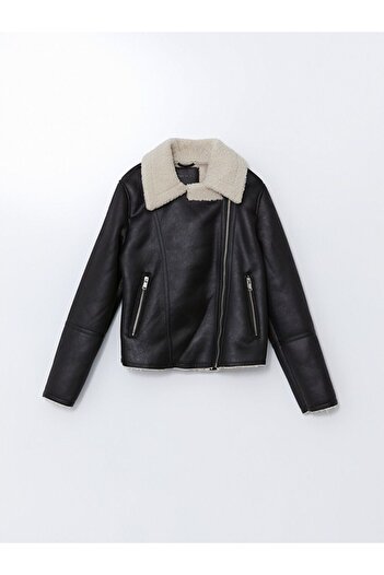 LC Waikiki Black Shirt Collar Women's Suede Coat