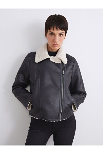 LC Waikiki Black Shirt Collar Women's Suede Coat