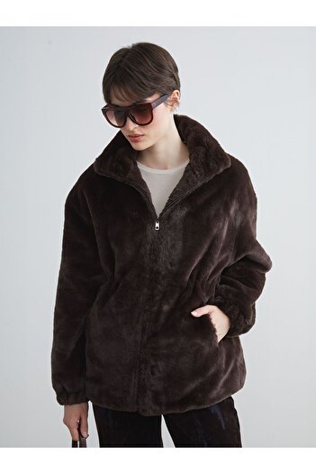 LC Waikiki Brown Stand Collar Women's Plush Coat