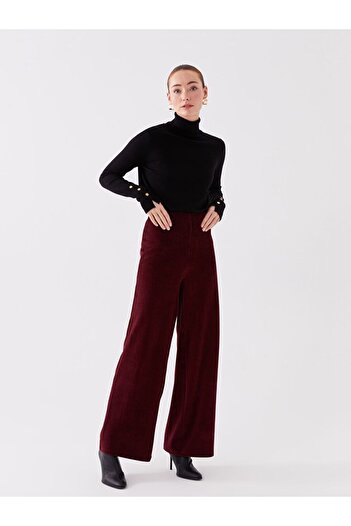 LC Waikiki Burgundy Standard Fit Straight Wide Leg Velvet Women's Trousers