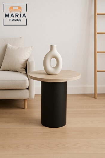 MARIA HOMES Modern Round Side Table – Black Base Coffee Table 50×50 cm for Living Room & Bedroom