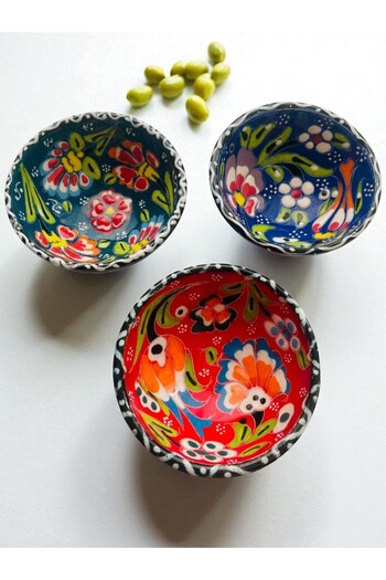 GALATA GIFT Ceramic, Tile Patterned Mini Bowl, Breakfast, Three (3) Sauce Bowls, Snack Bowl, Sauce Bowl and Jam Bowl - 8cm