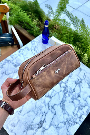 CüzCan Marble Antique Tan Genuine Leather Men's Handbag (Daily-Travel-Sports-Shaving Care)