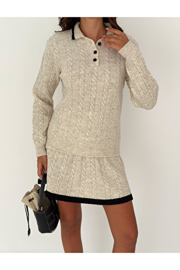 sportiness Polo Neck Hair Braided Line Detailed Knitwear Skirt Suit