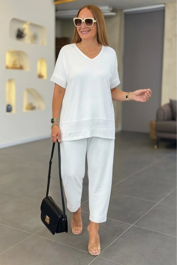 MetuCA White Women's Short Sleeve V-Neck Sequin Viscose Two Thread Blouse and Pants Two-Piece Set