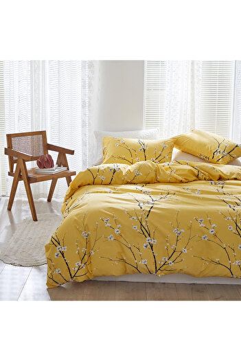OEM 3-piece yellow bedding set with black twigs - 1 duvet cover 240x220cm + 2 pillowcases 80x80 cm