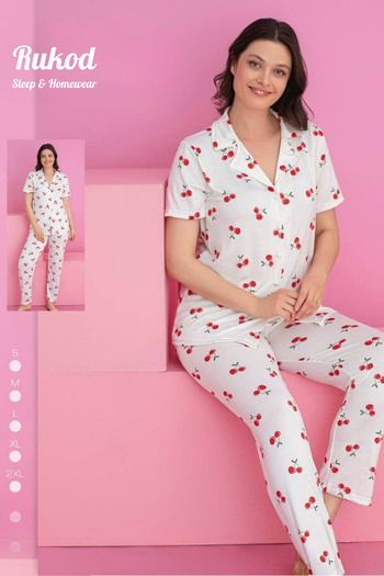 RUKOD Women's White Cherry Patterned Milan Lycra Shirt Collar Buttoned Long Bottomed Pajama Set