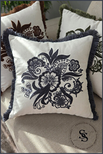 SasoHome Beauty Flowers Punch Embroidery Patterned Linen Throw Pillow Cover