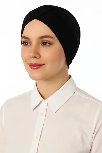 Merve Nayir Combed Cotton Hijab Cross Bonnet Black
