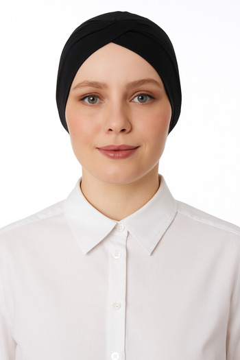 Merve Nayir Combed Cotton Hijab Cross Bonnet Black