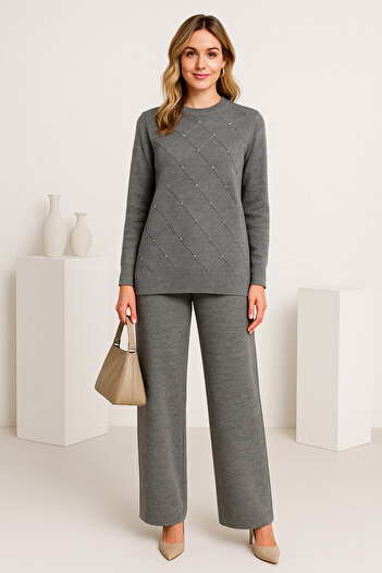semela New Season Shining Stone Self-Embossed Baklava Pattern Knitwear Set