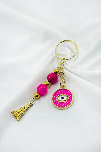 biuti Pink Colored Cluster Beaded Eye Figure Keychain, Gift Keychain