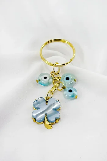 biuti Blue Colored Evil Eye Beaded Pearlescent Clover Keychain, Gift Keychain