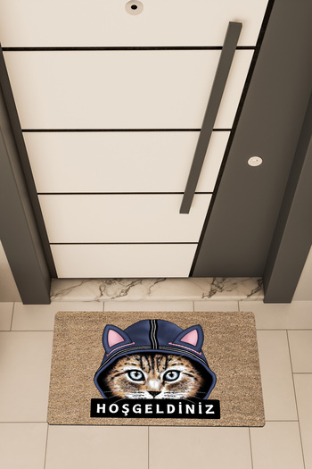 Dormot Quality Digital Print Brown, Cat in Hat Welcome Themed Door Mat