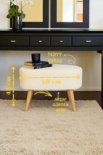 WoodyMaison AYLA Retro Gürgen Ahşap Ayaklı Geniş Oturum Alan Özel Tasarım Oval Bench MAKYAJ MASA PUF
