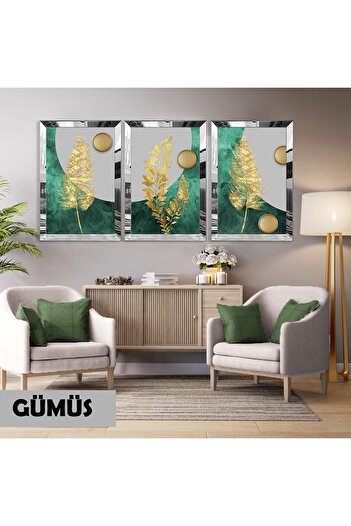 Harikabirev Amazing | Green-Gold Leaf Patterns Combination | Plexiglass Framed Mdf Plksmdf