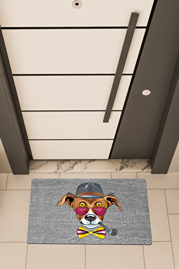 Dormot Quality Digital Printing Gray, Colorful Dog Themed Door Mat with Hat
