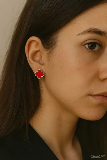 Çelik Elegant Flower Model Silver Red Earrings