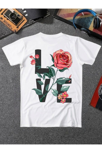 ELNOYA Unisex Cotton White Oversize "Love" Crew Neck Printed Casual T-Shirt