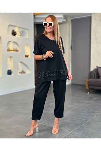 moda wanilia Women's Short Sleeve V-Neck Sequined Viscose Two Thread Blouse and Pants Set