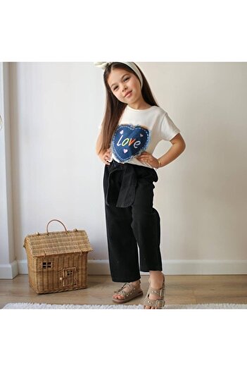 KOKOŞ BEBEK Girls' Love Printed T-Shirt and Black Pants Set (Age 3-10)