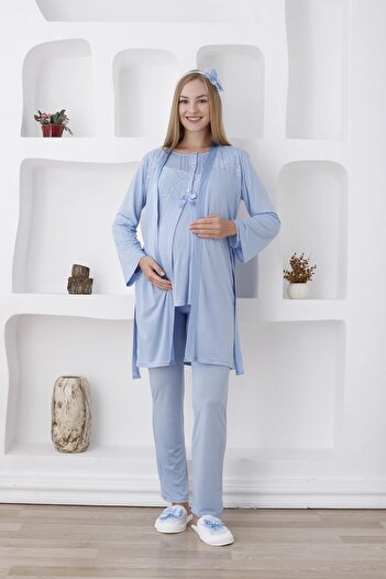 TREND Önden Düğmeli Dantelli Sabahlıklı Lohusa Pijama Takımı - 3423