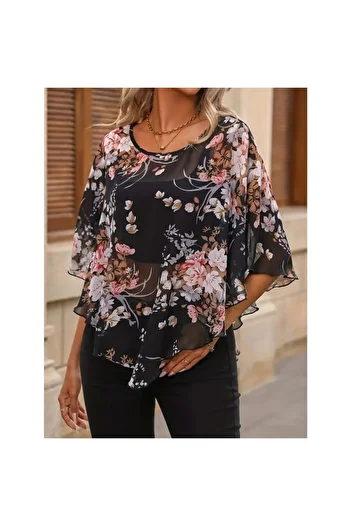Melek Moda    Women Short Sleeve Round Neck Flower Printed Asymmetrical Cut Chiffon Blouse