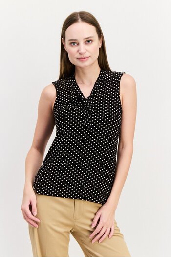 Anne Klein Women Tie Neck Sleeveless Polka Dots Print Tank Top, Black/White