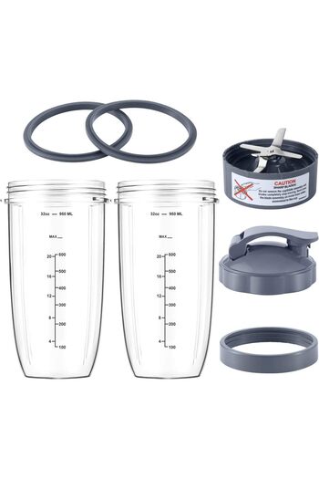 erorex 7 Pieces Blender Cups & Blade Replacement Set 32Oz Huge Cup 1 Flip-Top -Go Lid 1 Lid Ring & Premium
