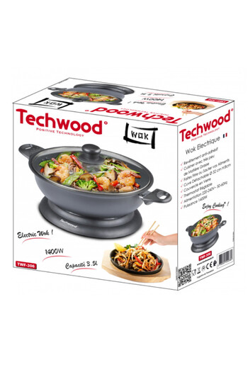 Techwood Electric wok pan TWF-306, 1400W, 3.6 l, 32x8 cm, Glass lid, Thermostat, Non-stick, Gray