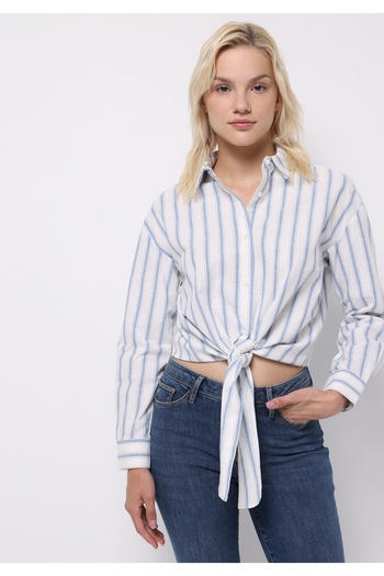 Colin's Regular Fit Shirt Neck Striped Women's Blue Long Sleeve Shirt