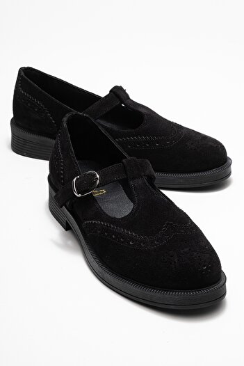 LuviShoes JANNEY Чорні замшеві жіночі лофери з ремінцем із натуральної шкіри