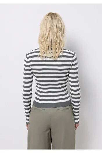 Colin's Slim Fit Round Neck Striped Women's Green Sweater