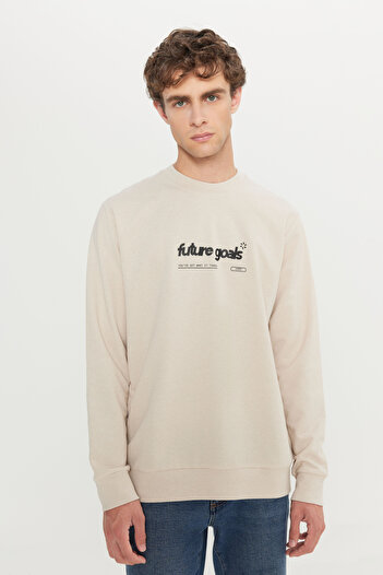 AC&Co / Altınyıldız Classics Erkek Bej Pamuklu 2 İplik Standart Fit Normal Kesim Bisiklet Yaka Sweatshirt