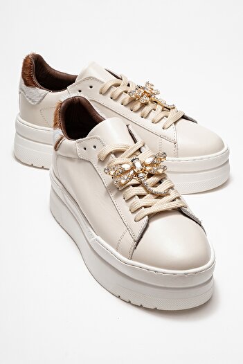LuviShoes Laren Ecru Skin Genuine Leather Buckle Women's Casual Sports Shoes