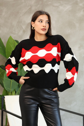 ALCHON Round Crew Neck Long Balloon Sleeve Ankle Elastic Wave Jacquard Pattern Winter Knitwear Short Sweater
